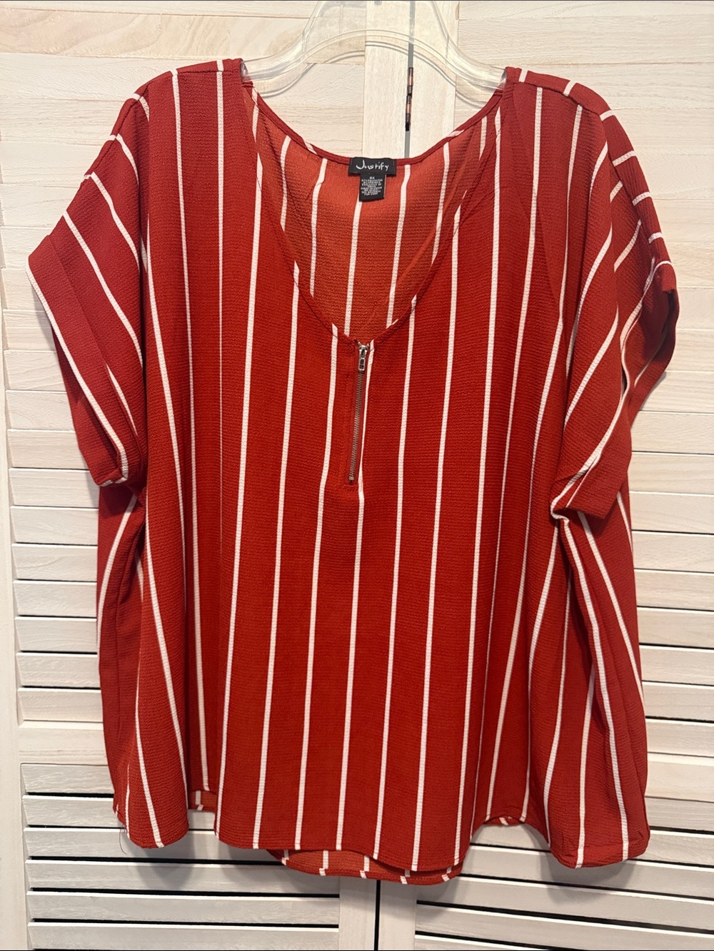 Orangish Red and White Vertical Stripe Zip-Front Blouse 3X